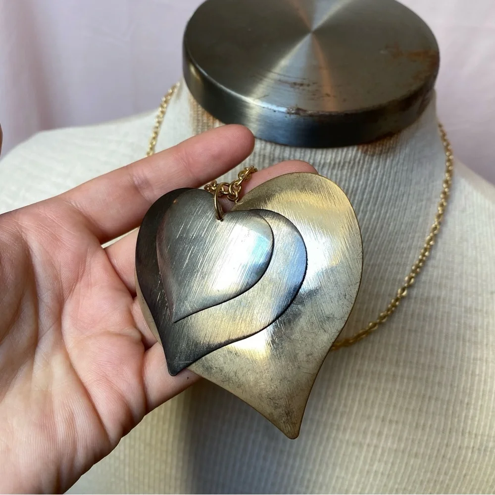 Mixed Metal Layered Heart Necklace Adjustable Gold Chain